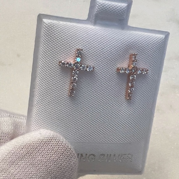 Rose GP/Sterling Silver Cz Cross Post Earrings - Picture 7 of 16